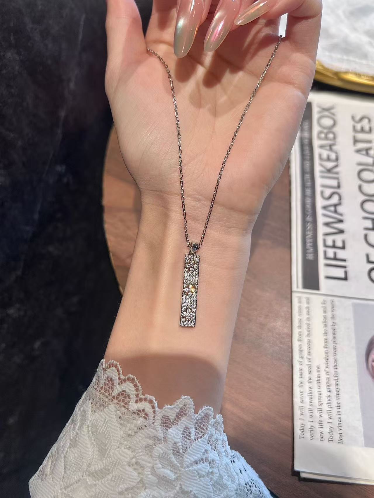 Pavé three-flower four-leaf clover necklace